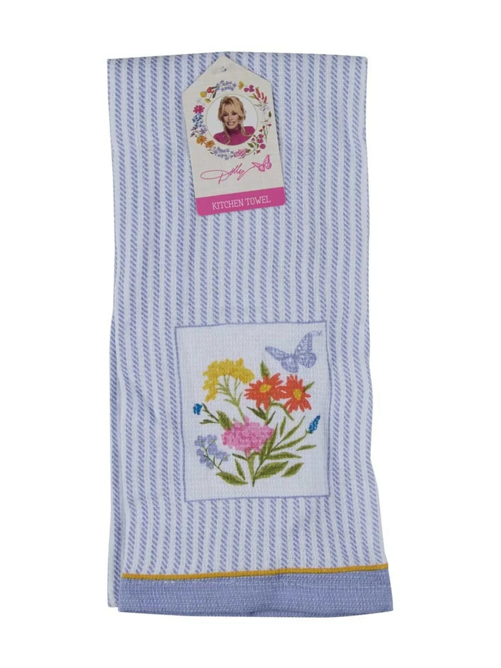 DOLLY Floral Embroidered Blue Stripe Kitchen Towel